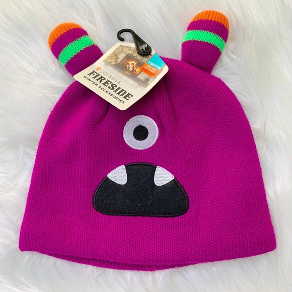 2 - NWT Sofsole Fireside Fleece lined Beanie hats Purple monster& Pom Pom Youtth - Picture 2 of 7